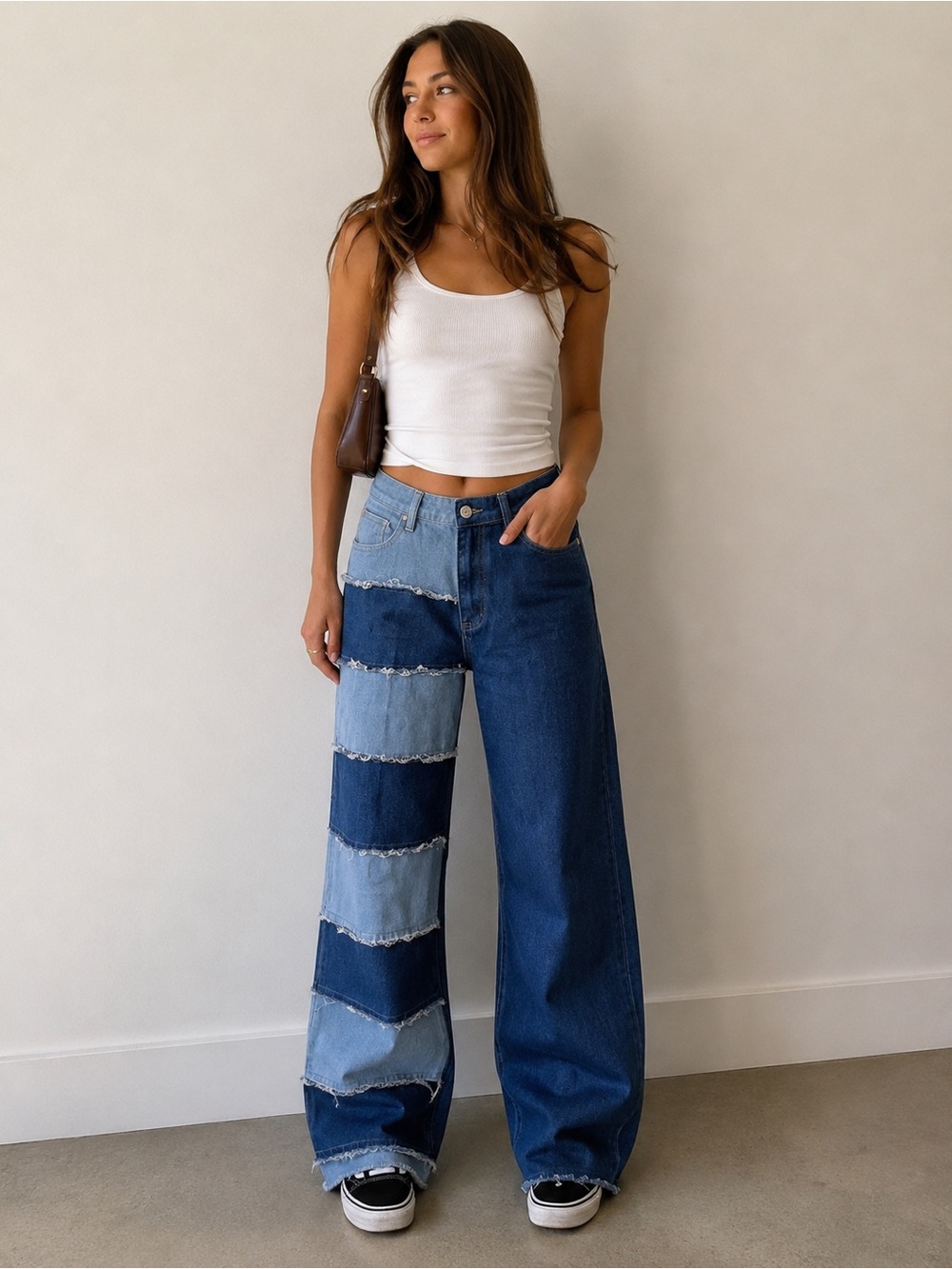Fashion Nova Two-Tone Patchwork Wide Leg Jeans - Blue